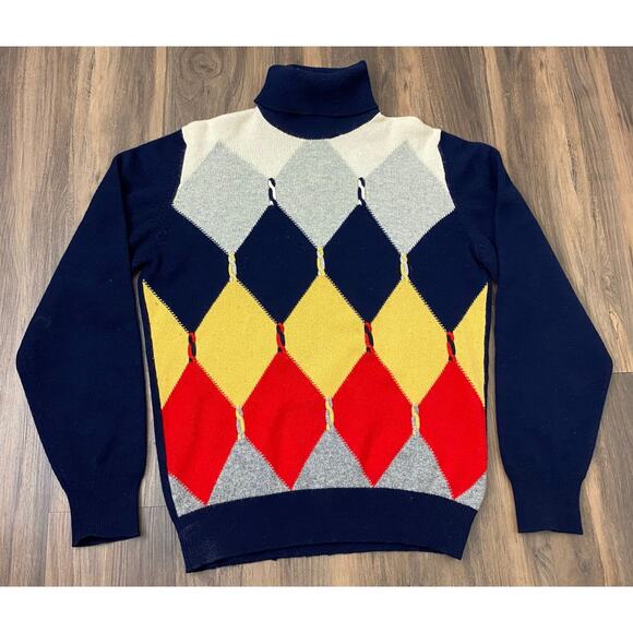 VTG A. Savin Scotland Hand Intarsia pure cashmere argyle turtleneck sweater 97cm - Picture 1 of 5
